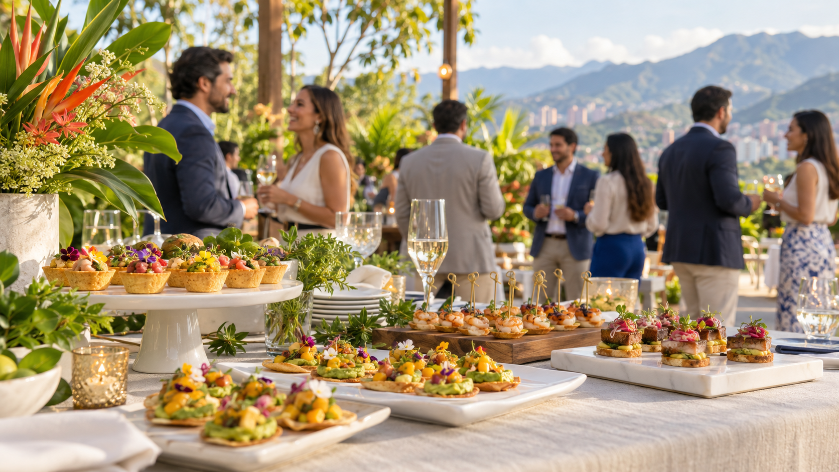 Mesa de canapés coloridos en una recepción corporativa luminosa, imagen creada con IA