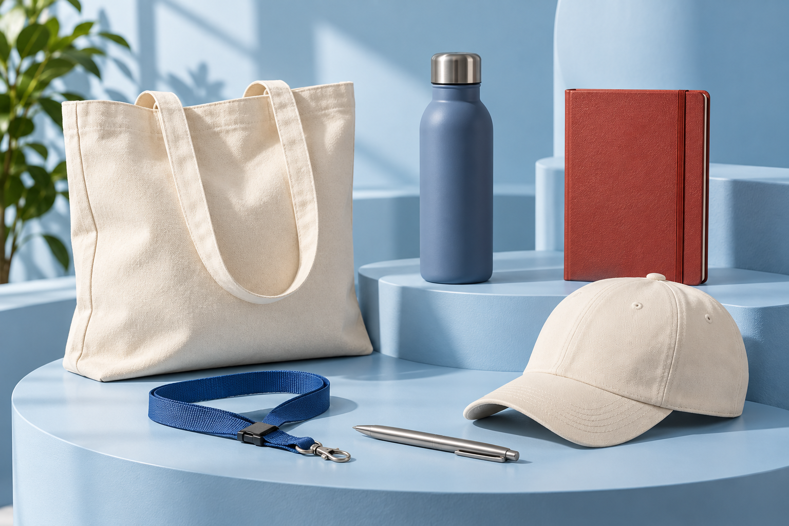 Colección de artículos de merchandising con bolsa, botella, libreta, gorra y bolígrafo; imagen ilustrativa creada con IA