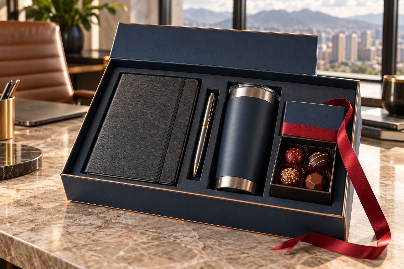 Set ejecutivo de lujo con libreta, bolígrafo, vaso térmico y chocolates; imagen ilustrativa creada con IA