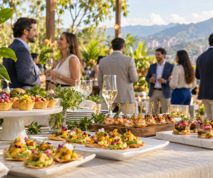 Mesa de canapés coloridos en una recepción corporativa luminosa, imagen creada con IA
