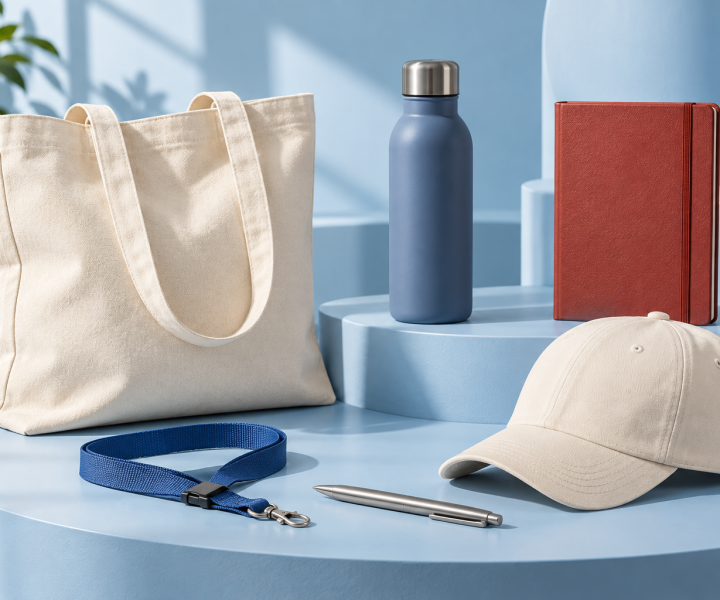 Colección de artículos de merchandising con bolsa, botella, libreta, gorra y bolígrafo; imagen ilustrativa creada con IA