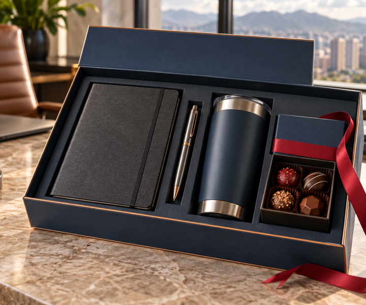 Set ejecutivo de lujo con libreta, bolígrafo, vaso térmico y chocolates; imagen ilustrativa creada con IA